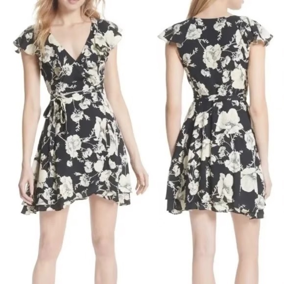 Free People French Quarter Black Floral Print Ruffled Wrap Mini Dress Size Small - Picture 1 of 8